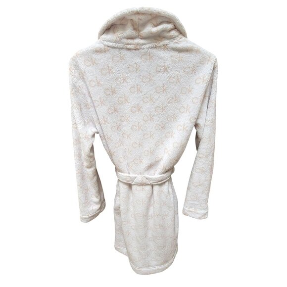 Calvin Klein XS White Plush Robe With CK Logo Pattern Tie Belt Long Sleeves - Picture 2 of 5